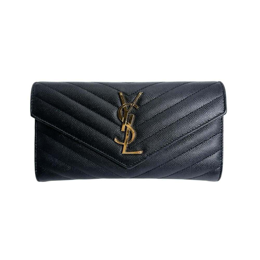 Yves Saint Laurent Cassandra Long Wallet, Button Closure, Leather, Black